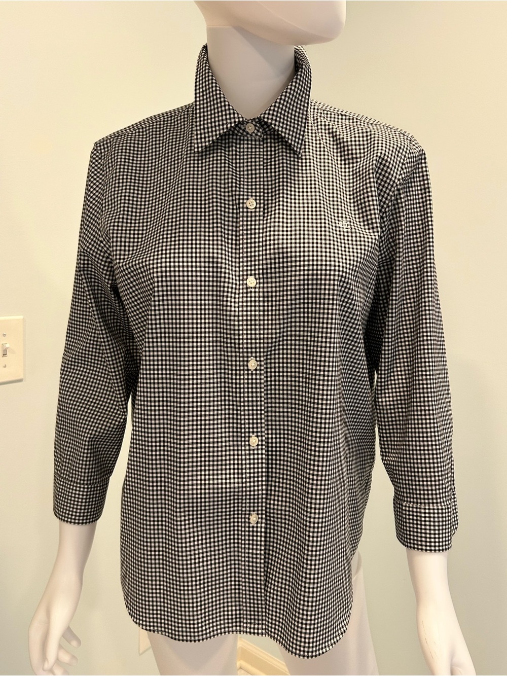 Lauren Ralph Lauren Petite Large Black White Gingham Non Iron Shirt